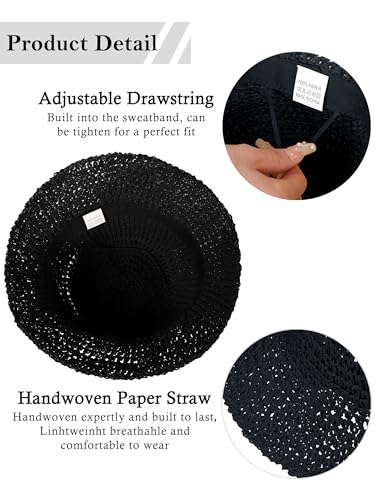 Womens Sun Hat Handmade Straw Bucket UV Protection Travel Summer Beach Cap - color: Black
