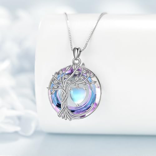 POPLYKE Mothers Day Gifts for Mom Her Wife Tree of Life Necklace 925 Sterling Silver Birthstone Pendant with Crystal Anniversary Birthday Wedding Jewelry for Women - color: 06-Jun-Moonstone, style: White Gold Plated-Amethyst Crystal