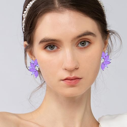 Bohemian Statement Sparkly Colourful Fancy Rhinestone Crystal Flower Dangle Drop Stud Earrings Vintage Wedding Bridal Prom Earrings for Women - color: Purple
