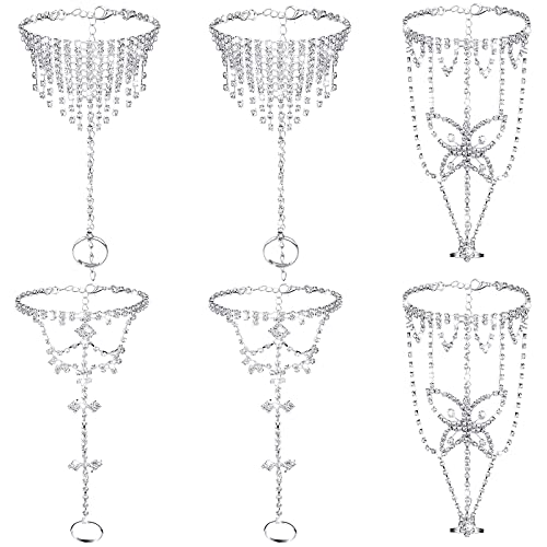 Hicarer 6 Pcs Foot Jewelry Barefoot Sandals for Women Rhinestone Bohemian Foot Ankle Chains for Beach Wedding - style: Rhinestone Tassel Butterfly Pendant Style