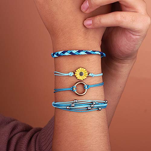 FANCY SHINY Easter Gifts Basket Stuffers Sunflower String Bracelet Boho Braided Rope Wrap Bracelets Cute Summer Beach Surfer Jewelry for Women - color: Skyblue