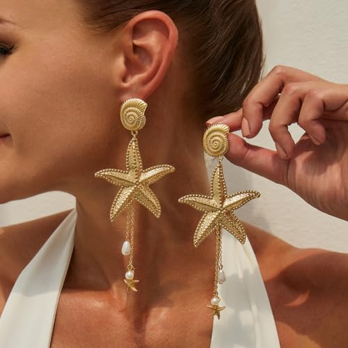 Starfish Tassel Dangle Earrings for Women Jellyfish Earrings Beach Long Dangle Drop Earring Summer Charm Earrings Ocean-Themed Dangling Earring Boho Beach Jewelry - color: Gold