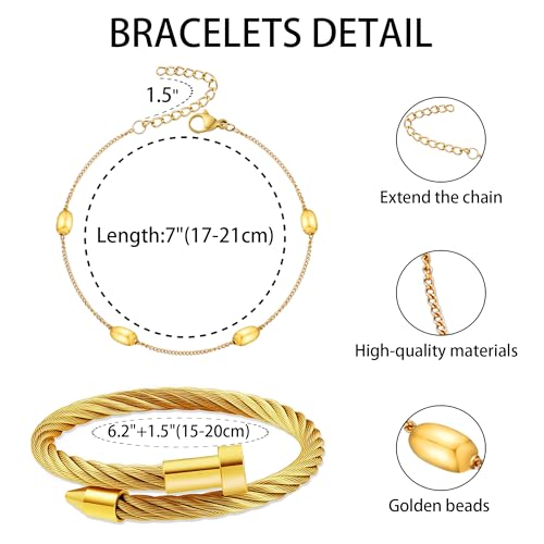 2PCS 18K Gold Plated Nail Bangle & Chain Bracelet Set for Women, Adjustable Stackable Bangle Jewelry, Dainty Gold Bracelet Gift for Women - color: Set E
