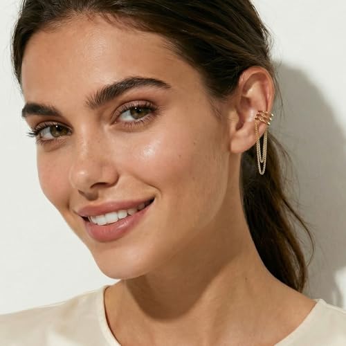 SLUYNZ 925 Sterling Silver No Piercing Cuff Earrings Chain for Women Wrap Earrings Tassel Clip On Ear - color: Gold Plated