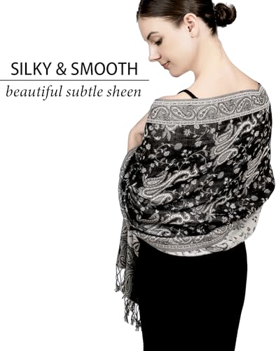 Achillea Reversible Paisley Pashmina Rave Scarf – Exotic Indian Shawls and Wraps for Evening Dresses, Festivals, All Seasons - color: Black White