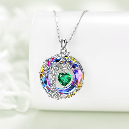 POPLYKE Mothers Day Gifts for Mom Her Wife Tree of Life Necklace 925 Sterling Silver Birthstone Pendant with Crystal Anniversary Birthday Wedding Jewelry for Women - color: 05-May-Emerald, style: White Gold Plated-Volcano Crystal
