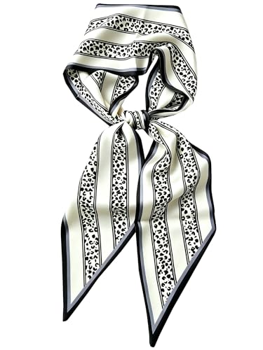kcctoo 59" Mulberry Silk Like Head Scarf Women's Fashion Square Neck Satin Scarfs for Bag Hair Scarves Gift 59 * 5.9” - color: B008-cream Leopard Stripe Scarf