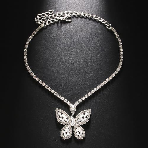 Kokoma Dangle Butterfly Rhinestone Anklet for Women, Shiny Cubic Zirconia Dangling Charm Ankle Bracelet Adjustable Chain Foot Jewelry for Summer Beach