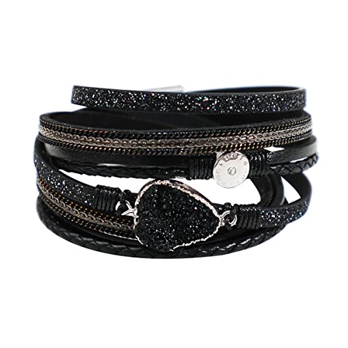 Artilady Leather Wrap Bracelets for Women - Pearl Bracelets Handmade Clasp Bangle Bracelet with Beads Jewelry Gift for Women and Mother - style: Black with druzy