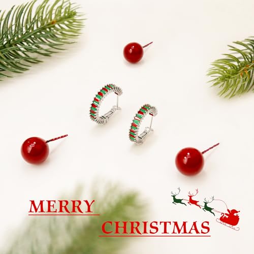 Trendy 14K Gold Plated Hoop Earrings for Women, Chunky Gold/Silver Earrings for Women Cubic Zirconia Baguette Hoop Earrings Heart Hoops Lightweight Hypoallergenic Jewelry,25mm/35mm/40mm/50mm - color: 01 Silver Christmas Hoops 25mm