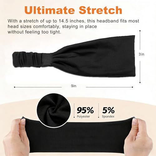 5 Pack Wide Headbands for Women, Sweat-Absorbing Sport Sweatbands, Soft Elastic Yoga Hairbands, Comfortable Hair Bands for Fitness Workout Travel Exercise - color: 5-Pure Black