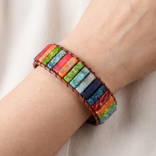 YGLINE Boho Handmade Wrap Leather Tube Crystal Stone Bracelet for Women - color: chakra stone
