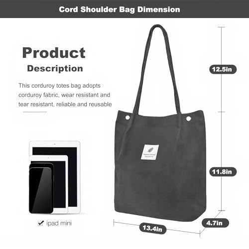 Corduroy Tote Bag for Women Small Canvas Shoulder Purse Cord Handy Bag with Inner Pocket | with Front Pocket - color: 02 Dark Grey