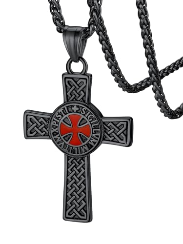 FaithHeart Knights Templar Necklace for Men, Christian Necklace for Men Stainless Steel Pendant Neckalces Christian Gifts with Gift Box - color: 02. Cross-Black