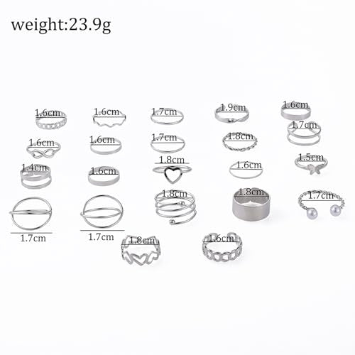 Vintage Silver/Gold/Black Kunckle Rings Set for Women Boho Stackable Rings Butterfly Pearl Heart Rings Open Adjustable Finger Rings Statement Rings Set Jewelry Gifts - color: Silver