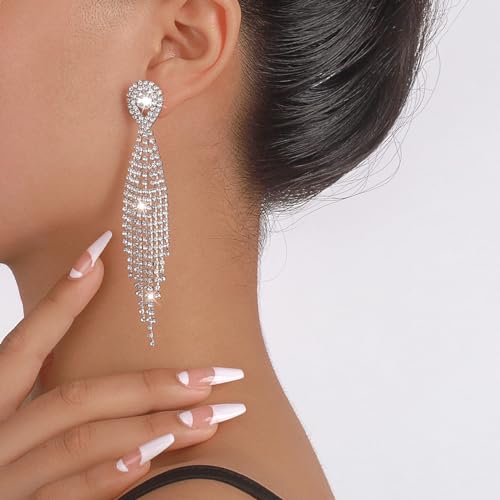 Rhinestone Tassel Earrings Sparkly Long Fringe Crystal Chandelier Dangle Drop Earrings Wedding Party Prom Earrings Premium Iridescent Earrings Wedding Party Jewelry Gifts for Women - color: Silver7