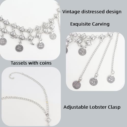 Silver Coin Tassel Head Chain - Ethnic Fringe Forehead Chain Necklace Versatile Jewelry for Women, Tribal Gypsy Belly Dance Headpiece for Festivals, Parties & Everyday Wear