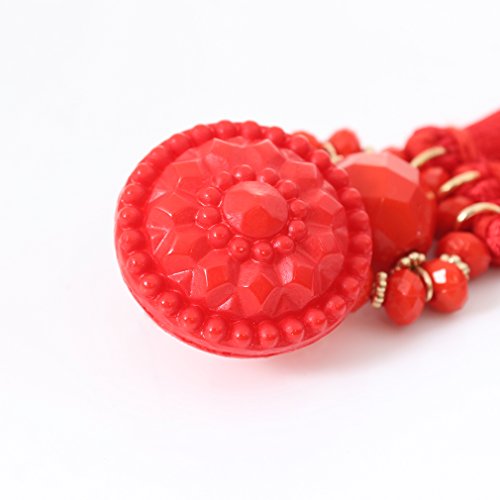 boderier Bohemian Statement Thread Tassel Chandelier Drop Dangle Earrings with Cassandra Button Stud - color: Red