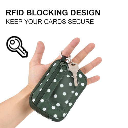 Wristlet Wallet for Women Mini Zip Card Case with Clear ID Window Zipper Coin Purse Lightweight Portable Keychain Wallet - color: Green Polka Dots