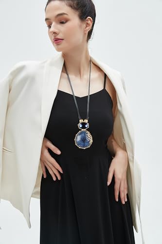 GelConnie Leather Necklace for Women Large Pendant Long Brown Necklace Circle Leather Choker Vintage Sweater Necklace Gold Chunky Boho Necklaces for Women - style: Large Stone Sweater Necklace
