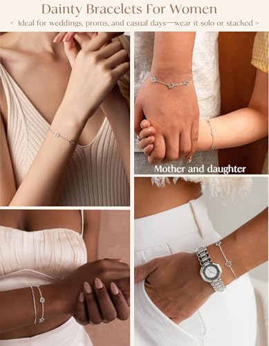 Dainty Silver Gold Bracelets for Women Trendy Non Tarnish 14K Gold Plated Cute Clover Bracelet Stackable Daisy Cubic Zirconia Diamond Charm Bracelet Stack Waterproof Jewelry Gifts - color: C- Daity Bracelet- Silver