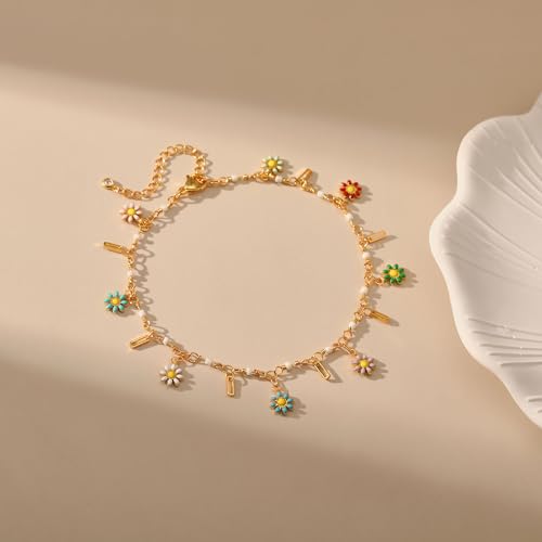 Yumikoo 18k Gold Plated Anklet Ankle Bracelets for Women - style: Colorful Flowers Square Rings