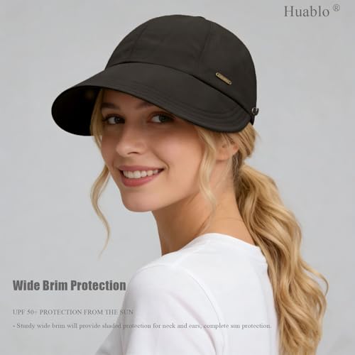 huablo]UPF 50+Womens Sun Hat UV Protection Hiking Fishing Hats Wide Brim Hat Adjustable Ponytail Packable Sun Cap - color: Black