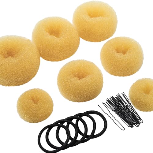 Teenitor Hair Bun Maker Set, 7 Pieces Bun Donuts for Hair(1 Extra-Large, 2 Large, 2 Medium, 2 Small), 5 Elastic Bands, 20 Hair Pins, Gold - color: Gold