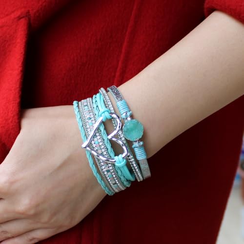 Womens Multi Layer Heart Leather Wrap Bracelet Boho Stackable Cuff Bangle Magnetic Clasp Crystal Birthday Valentine Gift - color: Sky Blue