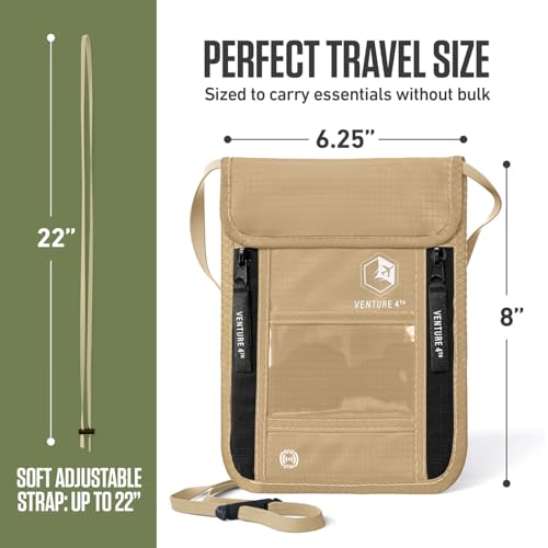 VENTURE 4TH Neck Wallet – RFID Blocking Passport Holder for Travel, Hidden Passport Wallet, Concealed Travel Wallet for Women, Men & Family (Beige) - color: Beige