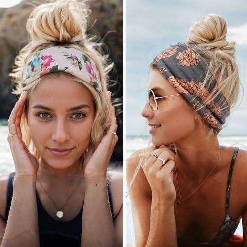 Boho Headband Fashion Wide Headband Knoted Turban Yoga Workout Head Bands Hair Accessories For Women (flower3, Pack of 2) - color: flower3, size: 1 Count (Pack of 2)