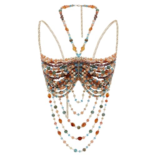 Handmade Beads Body Chain, Mermaid Top Rave Outfit Body Jewelry, Mermaid Costume, Beaded Bra Bralette Bead Waist Body Jewelry for Women for Boho Festival Clubbing - color: MULTICOLOR