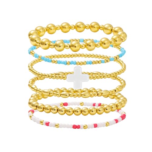 Gold Beaded Bracelets for Women: 14K Gold Bracelets for Women Trendy Dainty Gold Ball Bracelet Stack for Womens - Boho Stretch Bracelets Jewelry Sets with Cross Fashion Accessories Gifts for Women - style: Purity Cross
