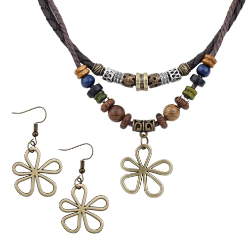 Mikovivi Multi-Layer Wood Bead Necklace with Hollow Flower Earrings, Boho Hippie Necklaces Unisex Bohemian Jewelry for Men Women - style: style 2