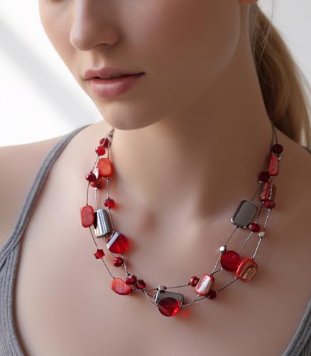 FULU AUTUMN Beaded Statement Necklaces for Women Shell Bead Chunky Collar Necklace Summer Layer boho Costume Jewelry for Her - color: Red
