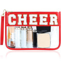 BuyCard Cheer Chenille Letter Bags Clear Makeup Bag, Cheerleader Gifts Cosmetic Bag, Varsity Preppy Patch Flat Pouch Cheer Accessories, Waterproof PVC Organizer Toiletry Bag for Women Girls Red - color: Red-Cheer