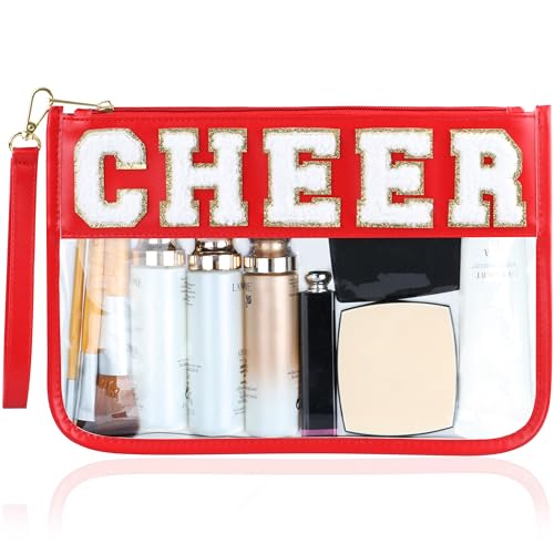 BuyCard Cheer Chenille Letter Bags Clear Makeup Bag, Cheerleader Gifts Cosmetic Bag, Varsity Preppy Patch Flat Pouch Cheer Accessories, Waterproof PVC Organizer Toiletry Bag for Women Girls Red - color: Red-Cheer