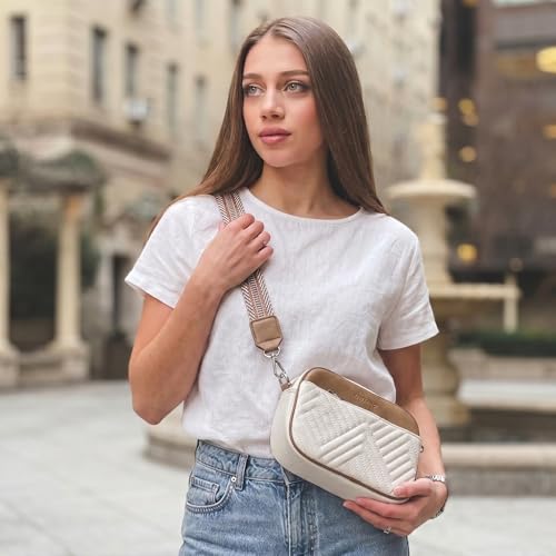 Vantamo Premium Quilted Crossbody Bags for Women with Anti-Pickpocket Clip, Vegan Leather Handbags, Travel Purses for Women - color: White & Stone With Jacquard Strap