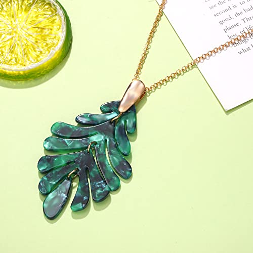 ARATLENCH Acrylic Pendant necklace Earrings – Long Statement Leaf Charm Necklace Tortoise Resin Palm Leaf Earrings Fashion Necklaces Earrings for Women - color: green-necklace