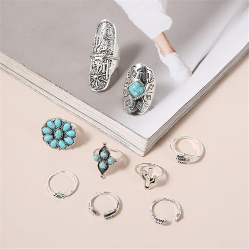Bohemian Turquoise Ring Set for Women,Vintage Gem Turquoise Opal Joint Knuckle Stackable Rings Chunky Boho Midi Ring Pack Punk Western Ring Mixed Size - style: Style D