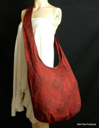 BTP! Thai Cotton Hippie Hobo Sling Crossbody Bag eco Friendly Shopping bag Paisley Print Large - color: Burgundy Pl14