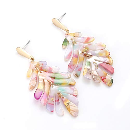 ARATLENCH Acrylic Pendant necklace Earrings – Long Statement Leaf Charm Necklace Tortoise Resin Palm Leaf Earrings Fashion Necklaces Earrings for Women - color: Floral -earrings