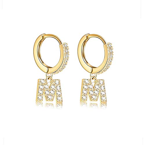 14K Gold Plated Cubic Zirconia Initial Earrings Delicate Small Hoop Earrings Hypoallergenic Letter Earrings for Women - style: M