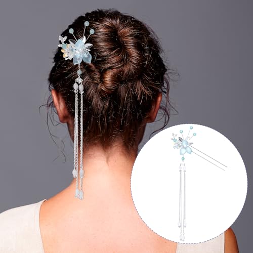 HINZIC 5pcs Flower Tassels Hairpin for Women, Non-Slip Crystal Pearl Silverstick Hair Clips, Retro Chinese Hanfu Wedding Brides Hair Accessories for Long Hair- Silver - color: Silver Magpie Bridge