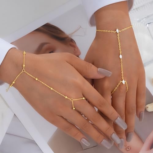 YEEZII Gold Hand Chain Bracelets for Women, 2 Pcs 14k Gold Plated Cubic Zirconia Link Chain Bracelet Set, Trendy ring bracelet hand chain Jewelry for Her - color: Gold-G
