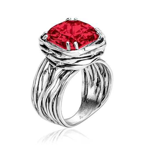JEAN RACHEL JEWELRY 925 Sterling Silver Ring - Wrap Vintage Design with Cushion Shaped Cubic Zirconia - Hypoallergenic, Lead & Nickel Free - Artisan Handcrafted Statement Rings for Women - color: Ruby CZ