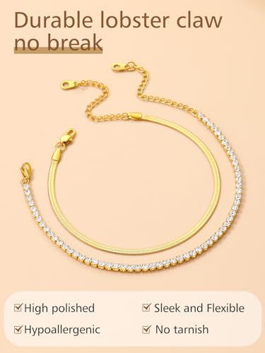 FindChic Black/Silver/Gold Plated Anklets Set of 2PCS/3PCS Herringbone Chain Cuban Link Heart Charm Sparkling Tennis Ankle Bracelets, Waterproof Summer Foot Jewelry for Beach - color: 04. Gold-2PCS Herringbone & Tennis