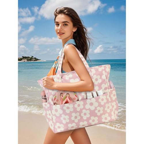 Bluboon Waterproof Beach Tote Pool Bags for Women Ladies Extra Large Carry On Bag With Wet Compartment for Weekender Travel - color: Beige Flowers
