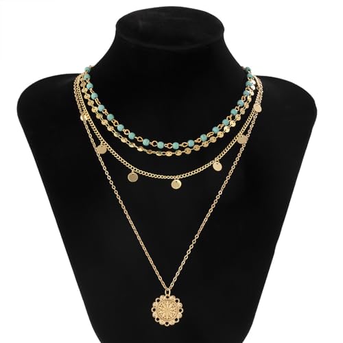 Layered Boho Necklaces for Women Gold Coin Pendant Necklaces Stackable Turquoise Choker Necklace for Women Western Jewelry - style: Style-1
