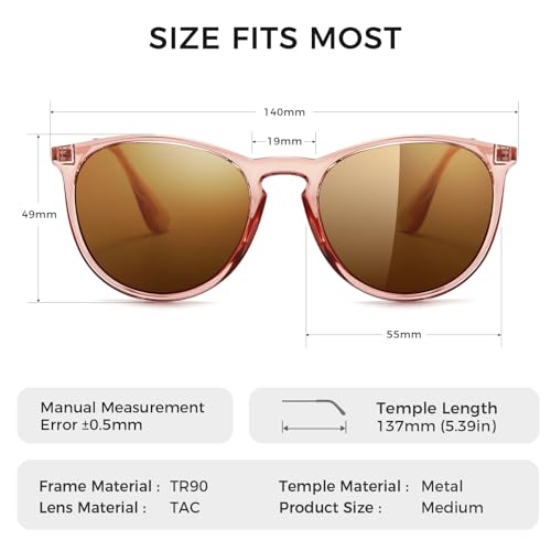 SUNGAIT Premium Vintage Round Sunglasses for Women Men Classic Retro Trendy Style - color: 09 Pink Brown Frame (Glossy Finish)/Polarized Light-brown Lens